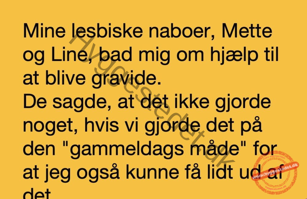 Mine lesbiske naboer, Mette og Line, bad mig om hjælp til at blive gravide….